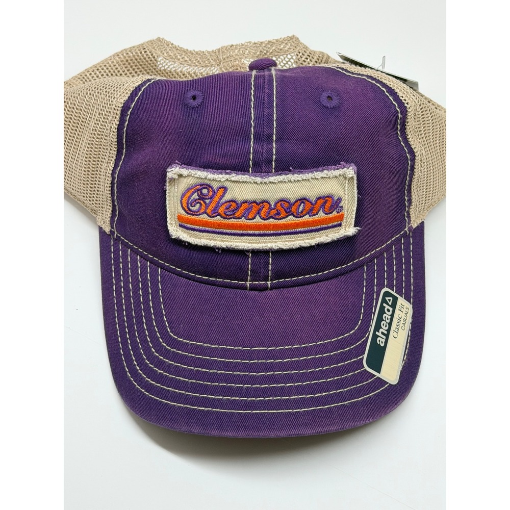 Ahead Clemson Tigers Hat Purple Tan Mesh Trucker Snapback Cap New NWT Distressed